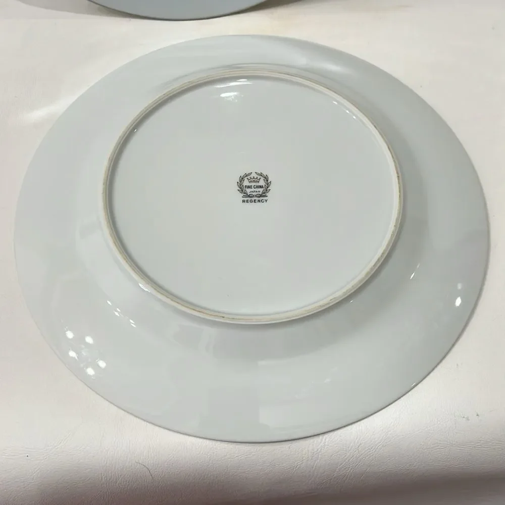 Regency White Blue Silver Trim Pink Floral Rose Set 2 Dinnerware Plate 10 1/4 In
